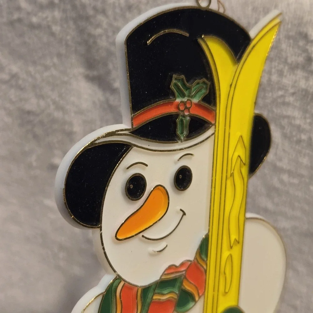 VTG‎ Snowman Suncatcher Christmas Plastic Stained Glass Skis Merry Christmas